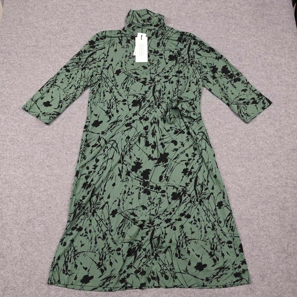 Masai Dress Womens M Green Floral Jersey Turtleneck A-Line Side Tie‎ Pockets New